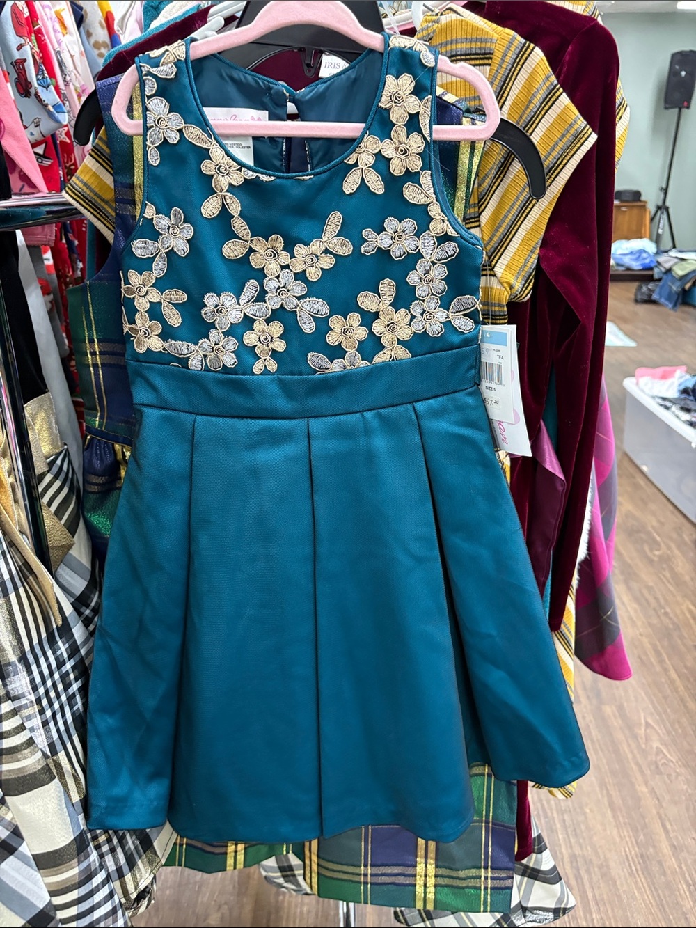 Bonnie Jean Teal Dress with Gold Floral Appliqué